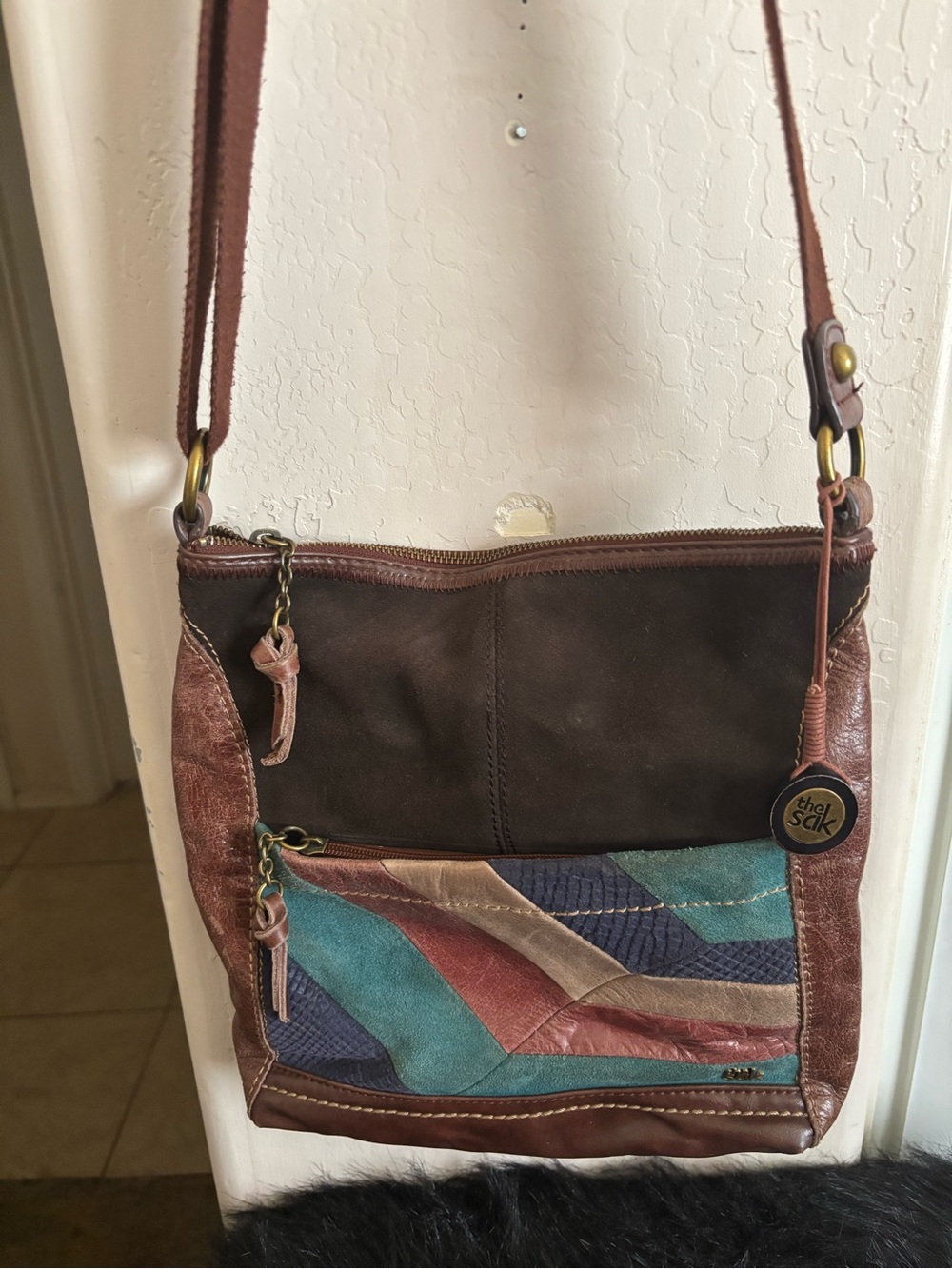Vintage The Sak Multicolor Patchwork Leather Crossbody Bag,Brown/Tan/Teal/Red/ - Picture 2 of 6